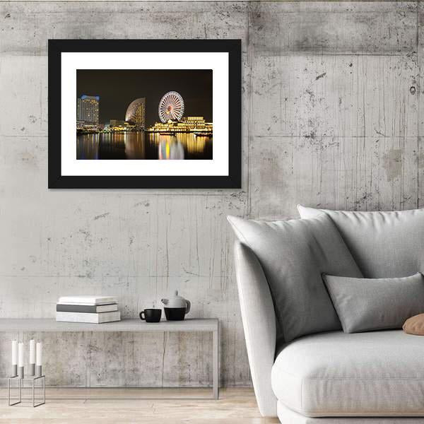 Yokohama Skyline At Minato Mirai Area At Night View Canvas Wall Art-3 Horizontal-Gallery Wrap-25" x 16"-Tiaracle