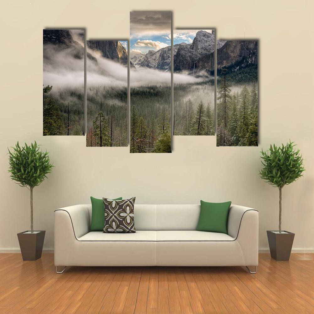 Yosemite Valley In Fog Canvas Wall Art-5 Pop-Gallery Wrap-47" x 32"-Tiaracle