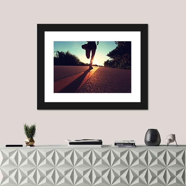 Young Fitness Woman Running On Sunrise Canvas Wall Art-1 Piece-Framed Print-20" x 16"-Tiaracle