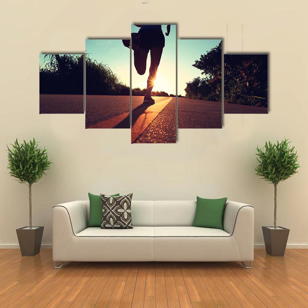 Young Fitness Woman Running On Sunrise Canvas Wall Art-5 Star-Gallery Wrap-62" x 32"-Tiaracle