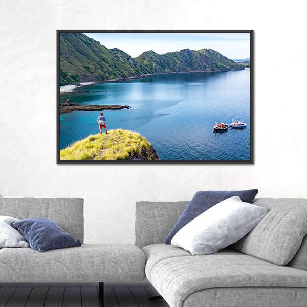 Young Hiker Standing Alone On Cliff Mountain Canvas Wall Art-5 Horizontal-Gallery Wrap-22" x 12"-Tiaracle