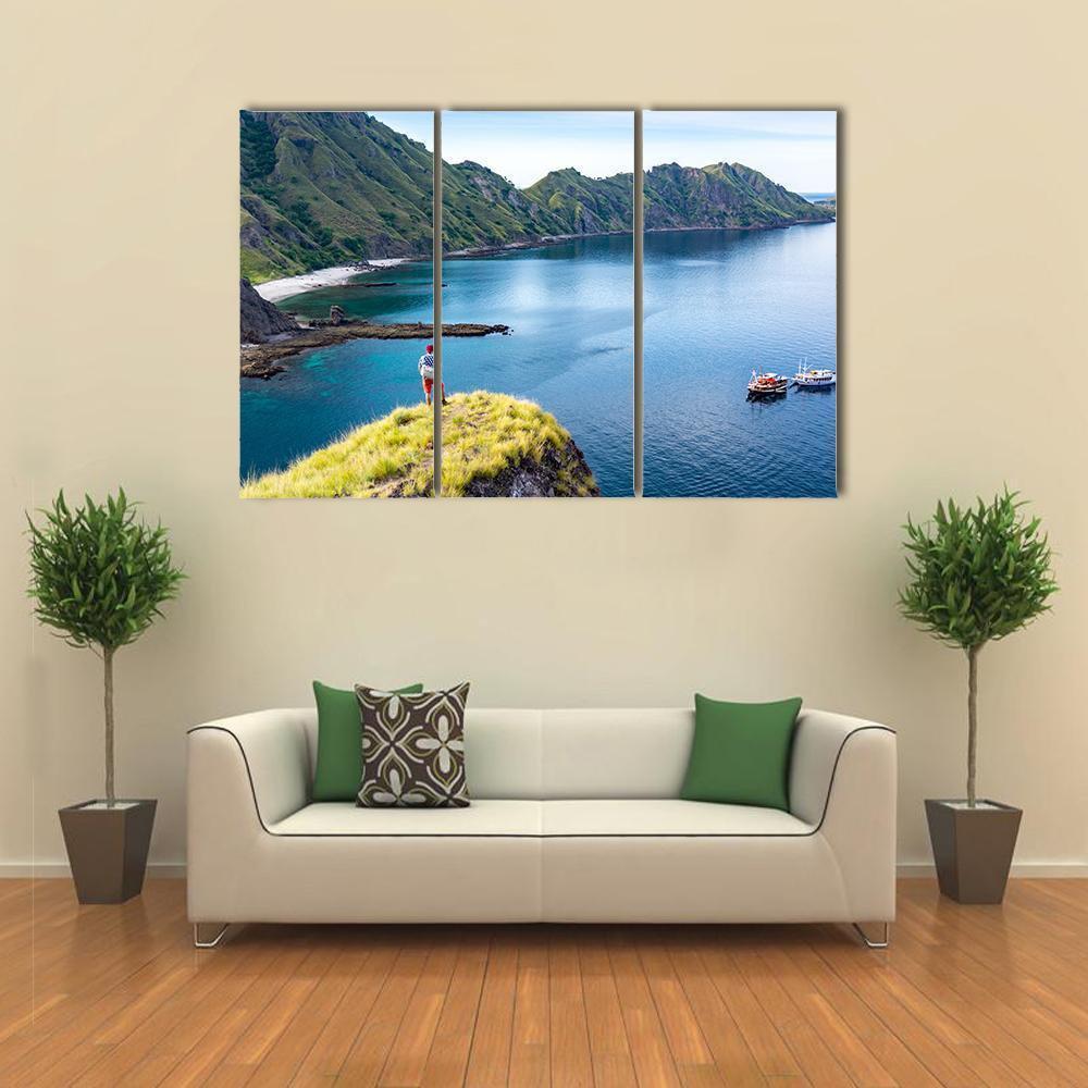 Young Hiker Standing Alone On Cliff Mountain Canvas Wall Art-3 Horizontal-Gallery Wrap-37" x 24"-Tiaracle