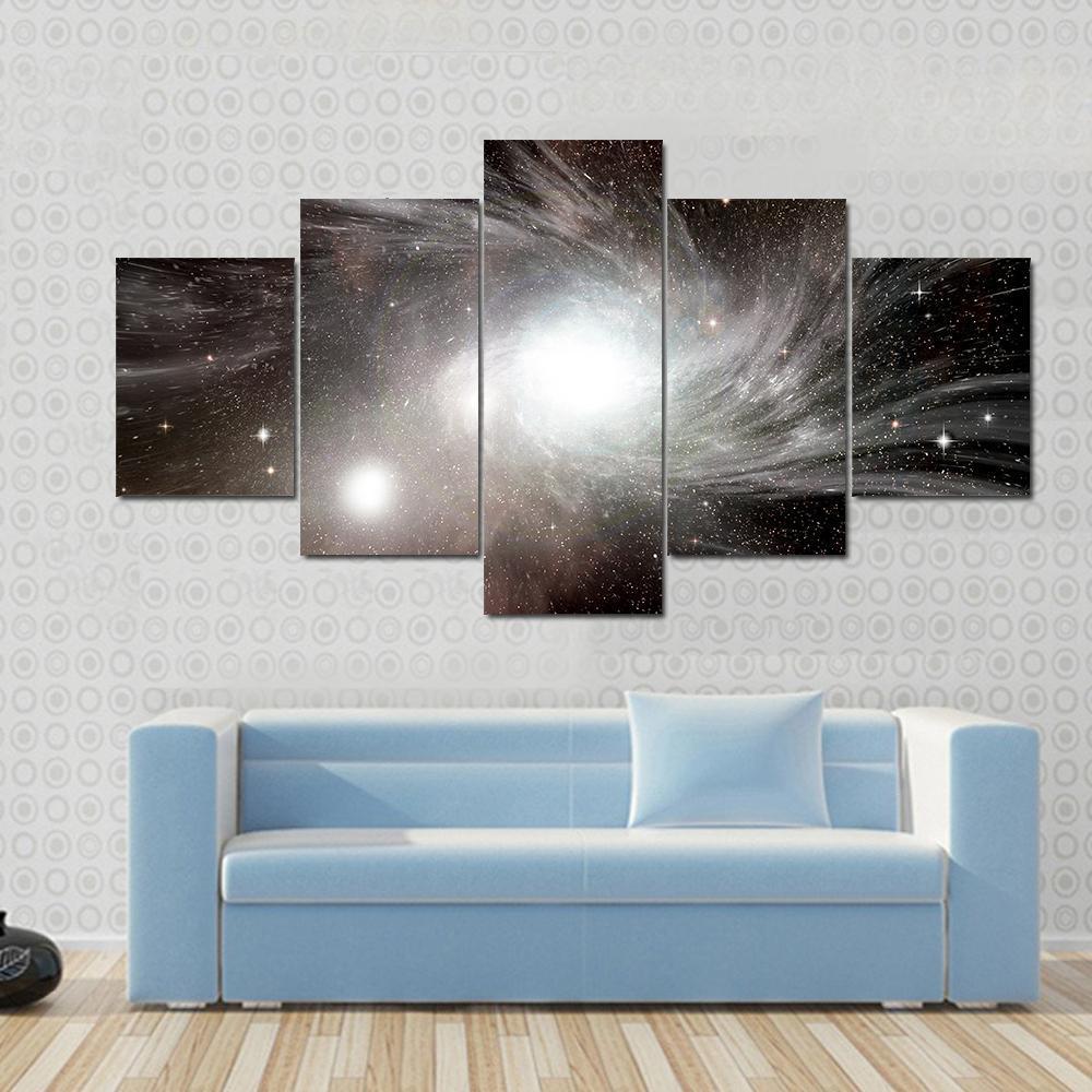 Young Spiral Galaxy With Small Dwarf Galaxy Canvas Wall Art-5 Star-Gallery Wrap-62" x 32"-Tiaracle