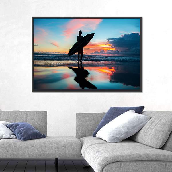 Young Surfer With Board On The Beach Canvas Wall Art-5 Horizontal-Gallery Wrap-22" x 12"-Tiaracle