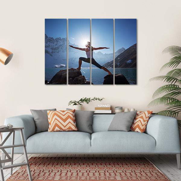 Young Woman Yoga At Mountain Canvas Wall Art-4 Horizontal-Gallery Wrap-34" x 24"-Tiaracle