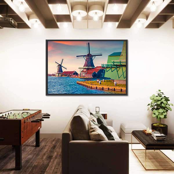 Zaandam Mills On The Water Channel Canvas Wall Art-5 Horizontal-Gallery Wrap-22" x 12"-Tiaracle