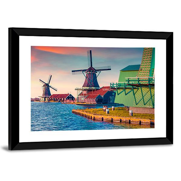 Zaandam Mills On The Water Channel Canvas Wall Art-5 Horizontal-Gallery Wrap-22" x 12"-Tiaracle