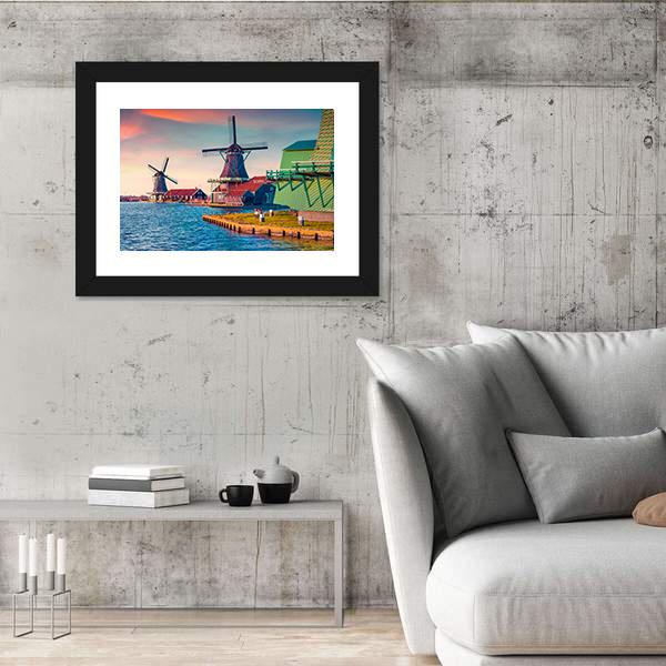 Zaandam Mills On The Water Channel Canvas Wall Art-5 Horizontal-Gallery Wrap-22" x 12"-Tiaracle
