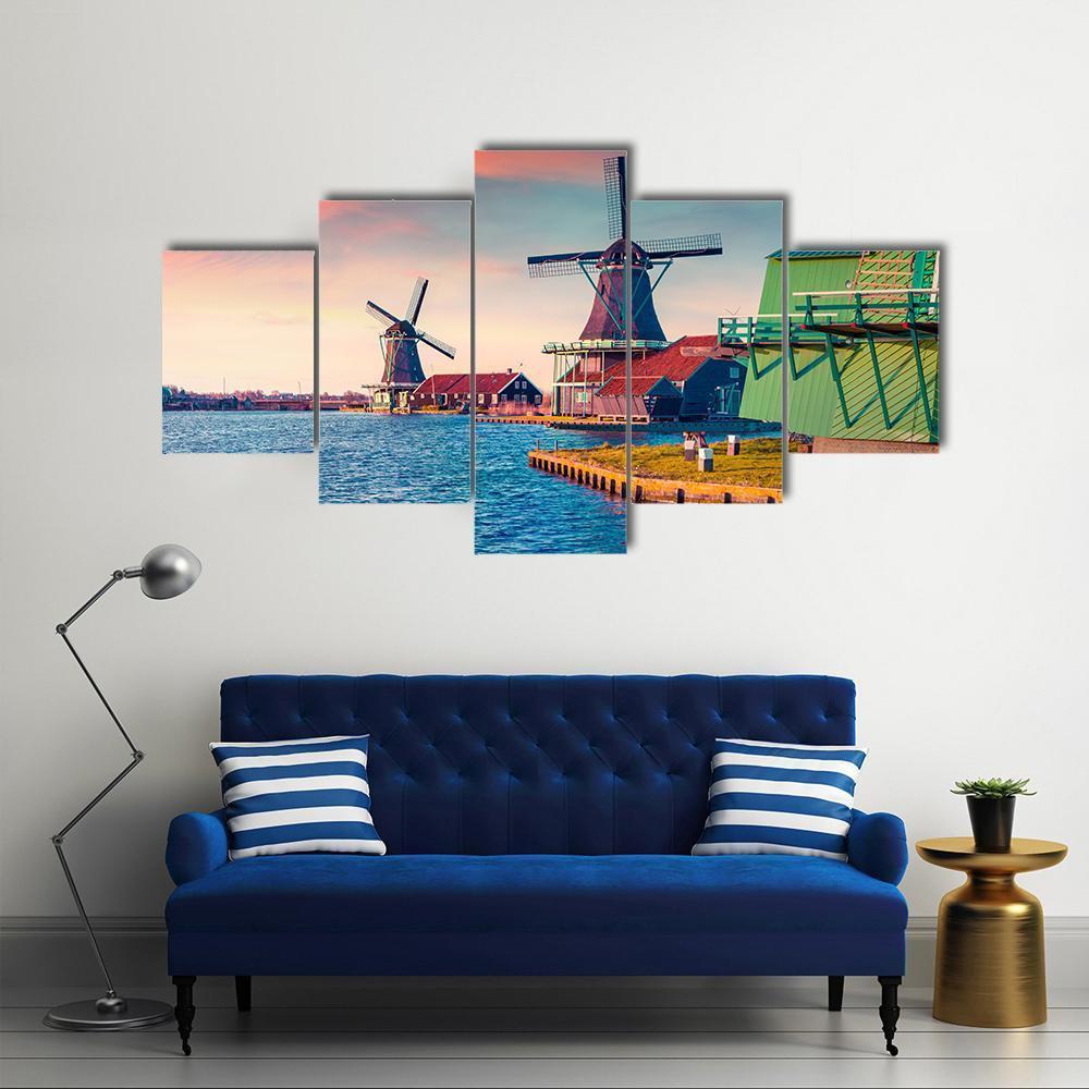Zaandam Mills On The Water Channel Canvas Wall Art-5 Star-Gallery Wrap-62" x 32"-Tiaracle