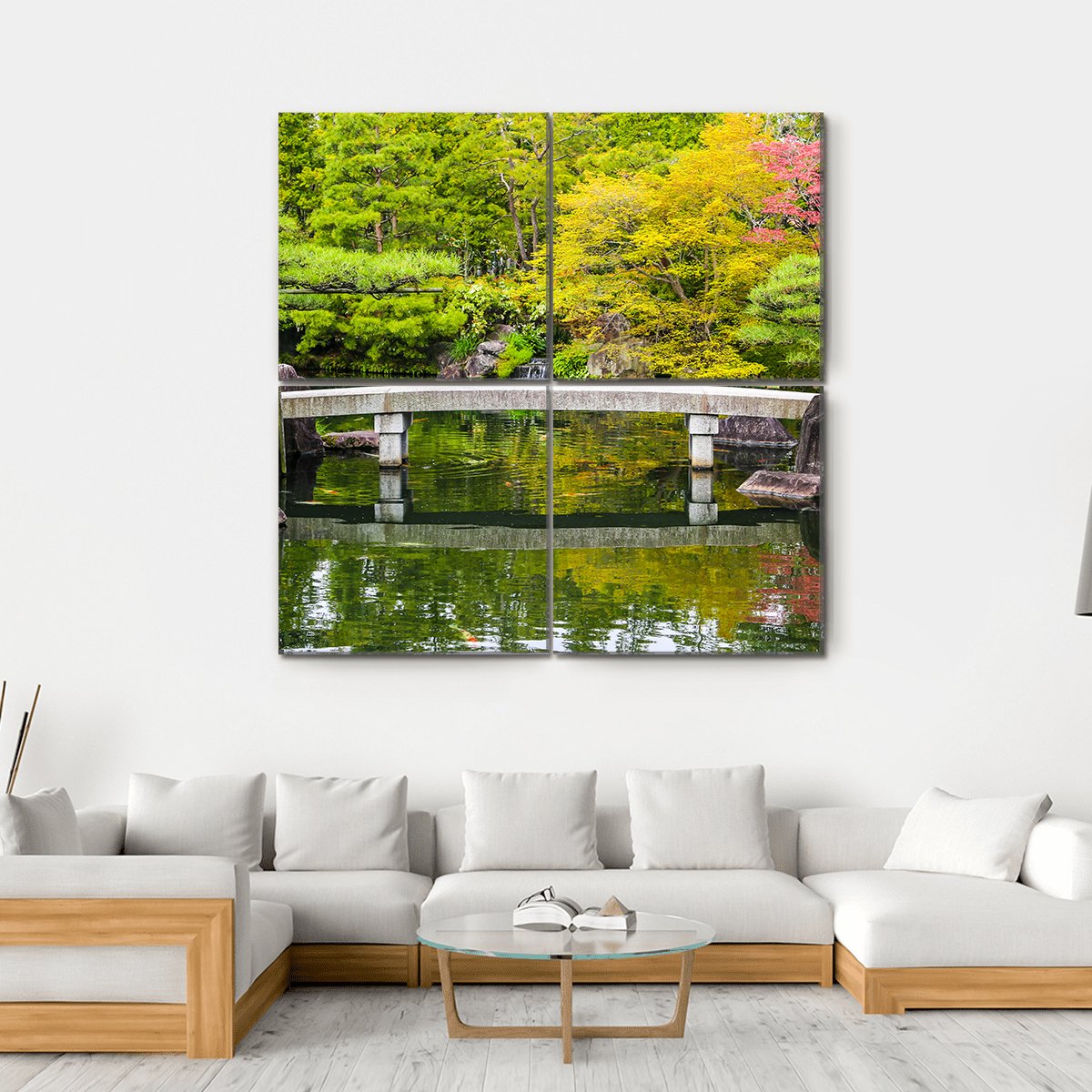 Zen Garden Pond With Bridge Canvas Wall Art-4 Square-Gallery Wrap-17" x 17"-Tiaracle