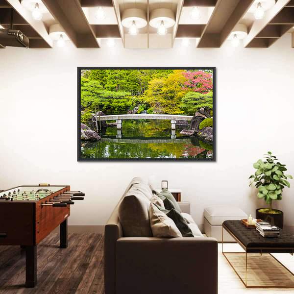 Zen Garden Pond With Bridge Canvas Wall Art-3 Horizontal-Gallery Wrap-25" x 16"-Tiaracle