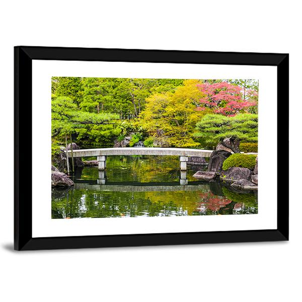 Zen Garden Pond With Bridge Canvas Wall Art-3 Horizontal-Gallery Wrap-25" x 16"-Tiaracle