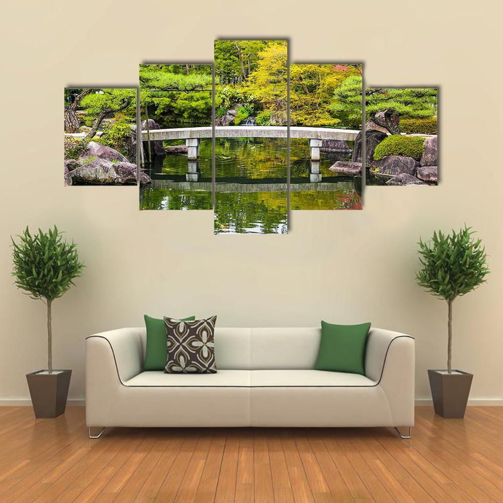 Zen Garden Pond With Bridge Canvas Wall Art-5 Star-Gallery Wrap-62" x 32"-Tiaracle