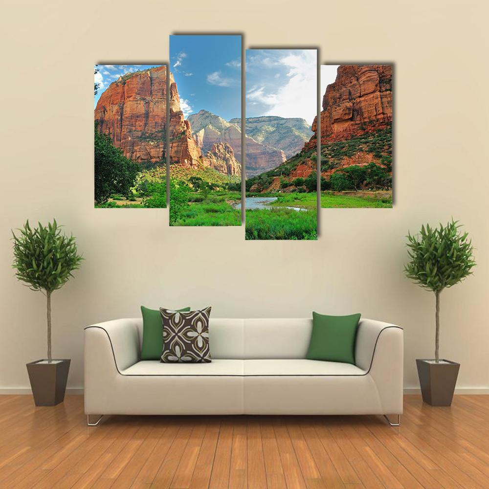 Zion Canyon With The Virgin River Canvas Wall Art-4 Pop-Gallery Wrap-50" x 32"-Tiaracle