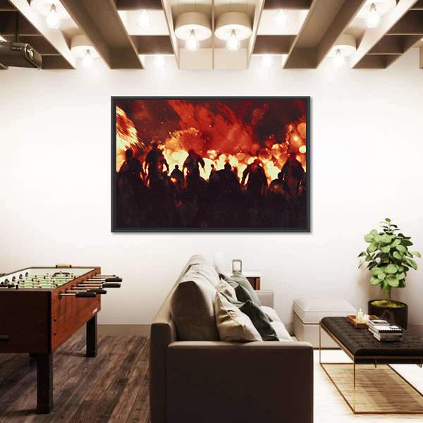 Zombie Walking In Fire Flames Canvas Wall Art-3 Horizontal-Gallery Wrap-25" x 16"-Tiaracle
