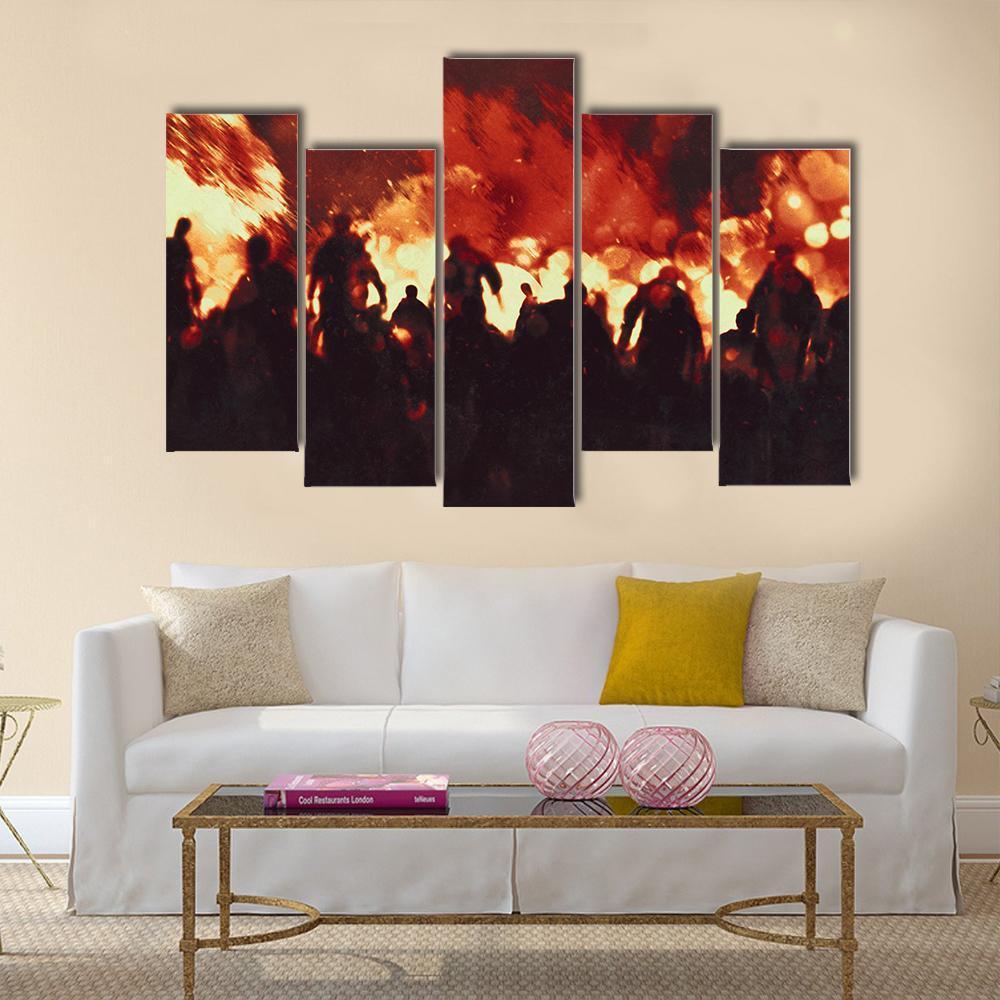 Zombie Walking In Fire Flames Canvas Wall Art-5 Pop-Gallery Wrap-47" x 32"-Tiaracle