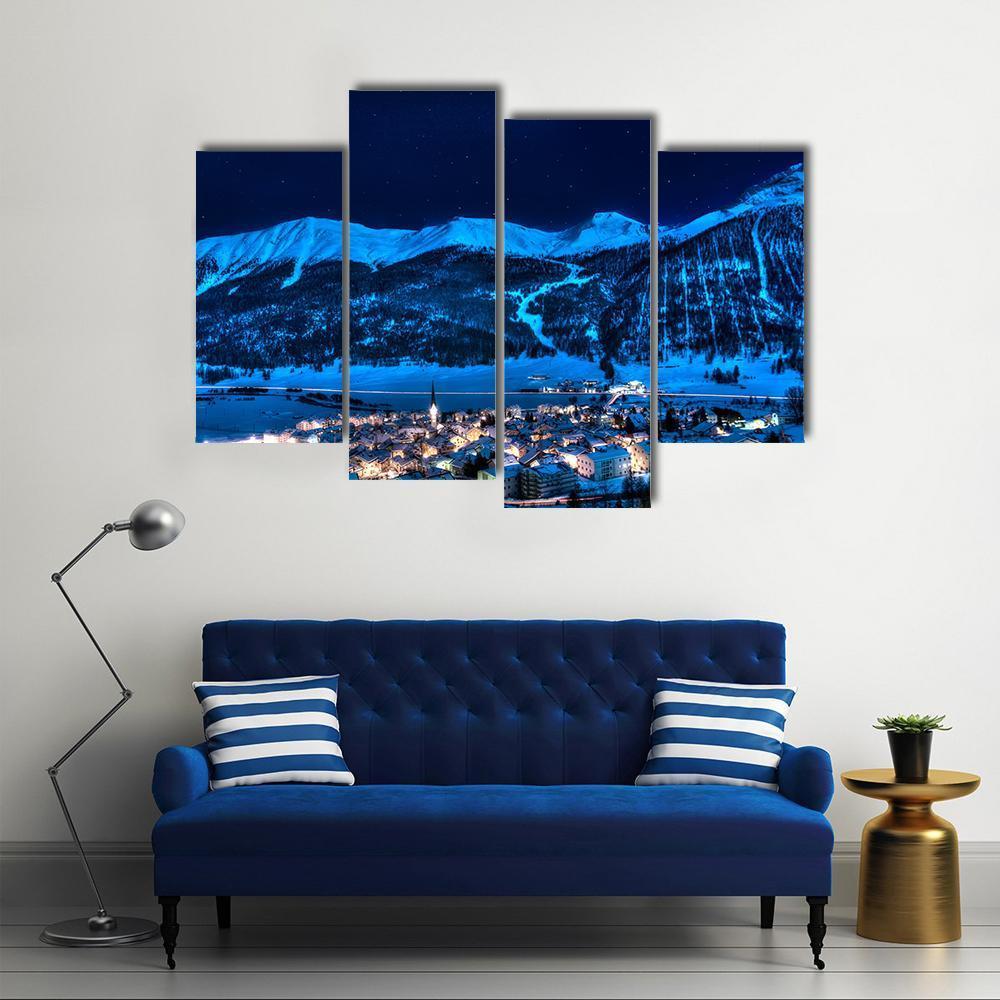 Zuoz Engadin Switzerland Near St Moritz In A Winter Night Canvas Wall Art-4 Pop-Gallery Wrap-50" x 32"-Tiaracle
