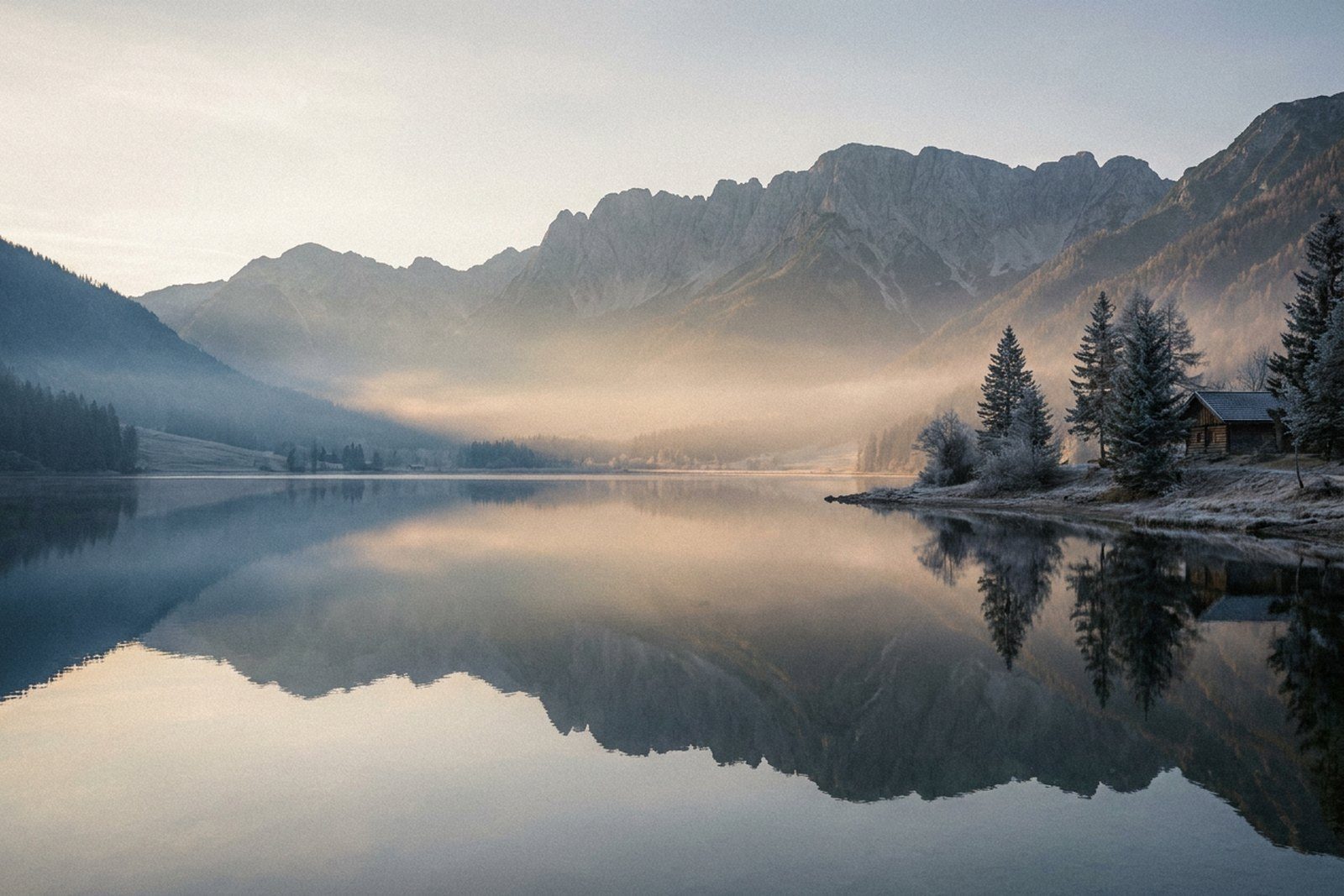 Wide mountain lake artwork, the horizontal shape