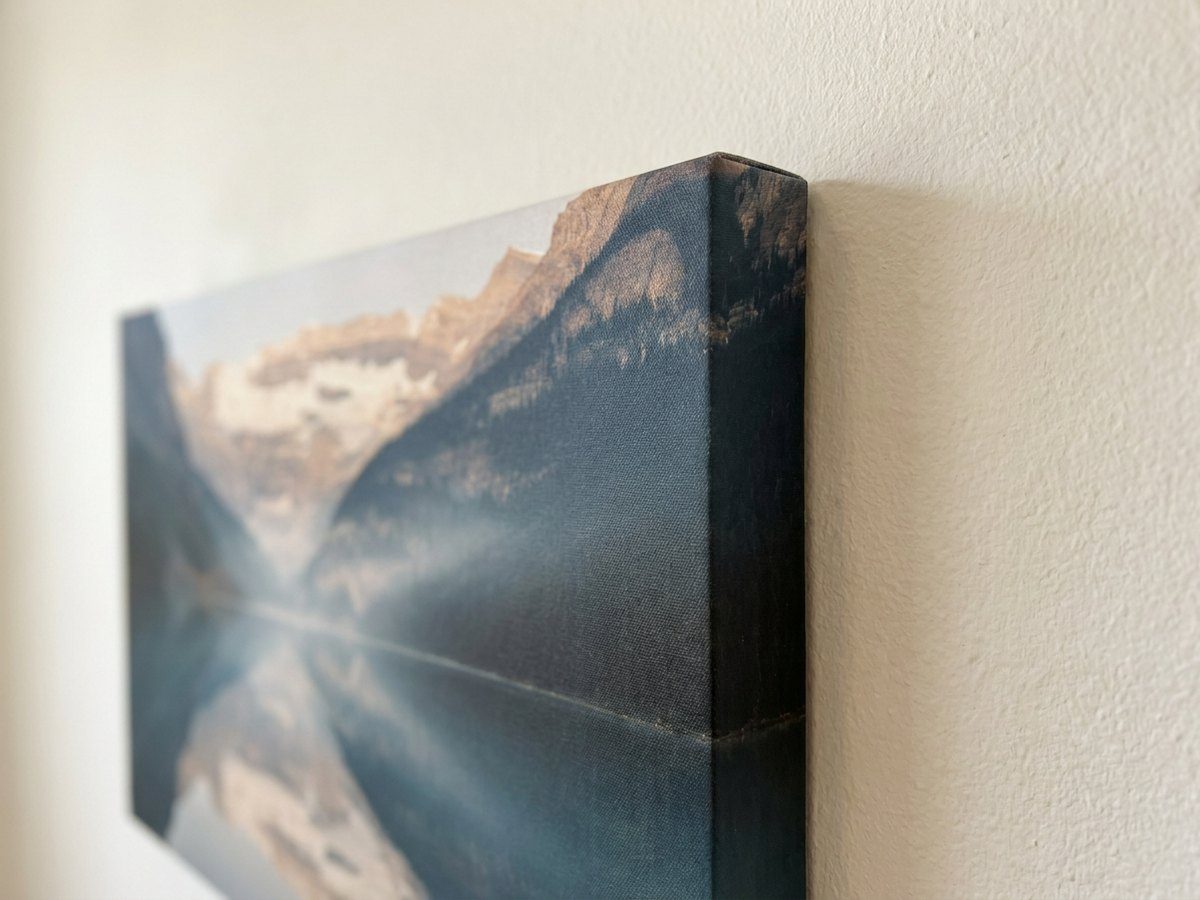 The wrapped edge of a canvas print, seen at an angle