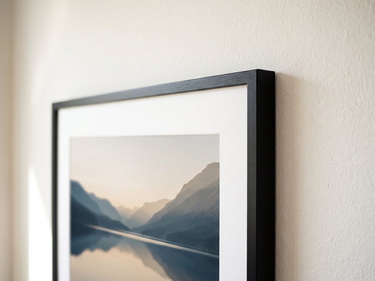 The corner of a framed print, with a white mat between the picture and the frame