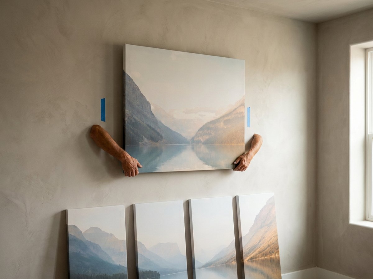 Two hands lifting the tall center panel of a five panel set onto the wall