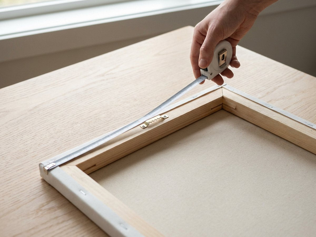 The back of a canvas panel with its sawtooth hanger, a tape measure held from the top edge