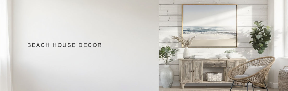 Beach house decor ideas: a coastal shoreline canvas above a driftwood console with rattan and jute