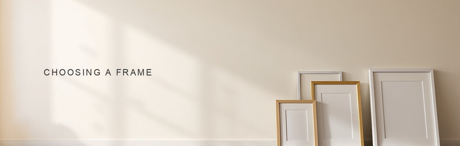 Framing options for wall art: black metal, oak, brass and white gallery frames compared side by side