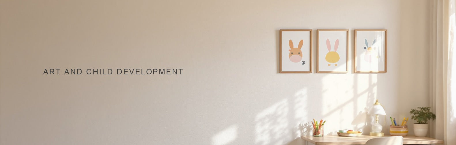 Art in education: three cheerful framed prints hung at a child's eye level above a small study desk
