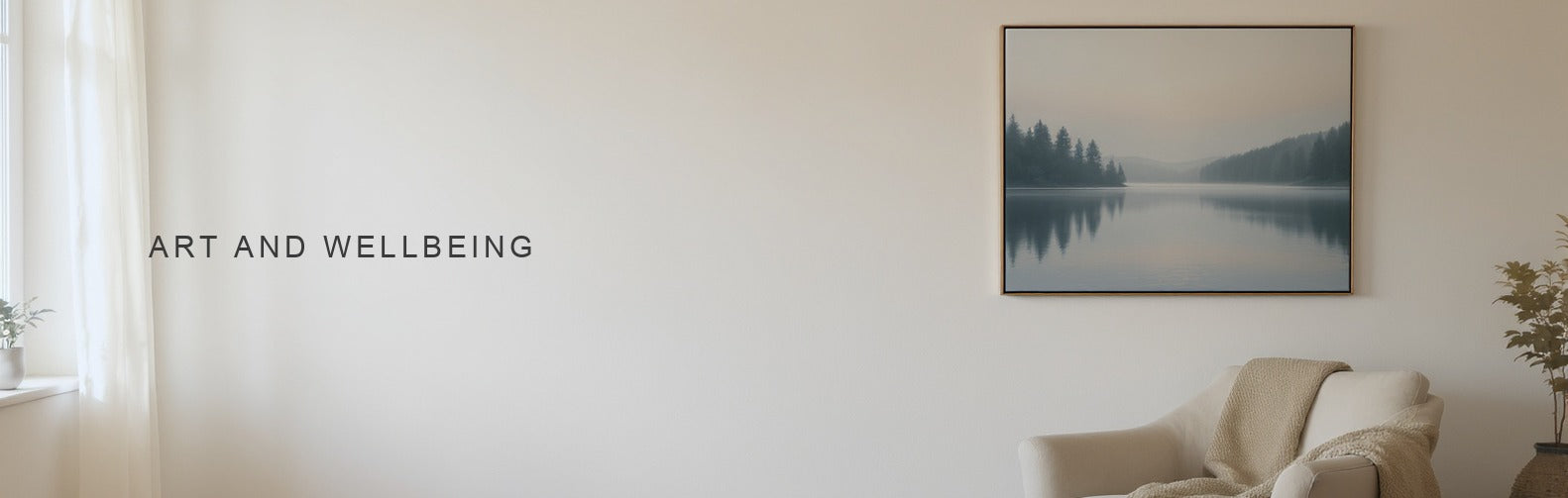 Art therapy at home: a still misty lake canvas above a soft armchair in a calm corner