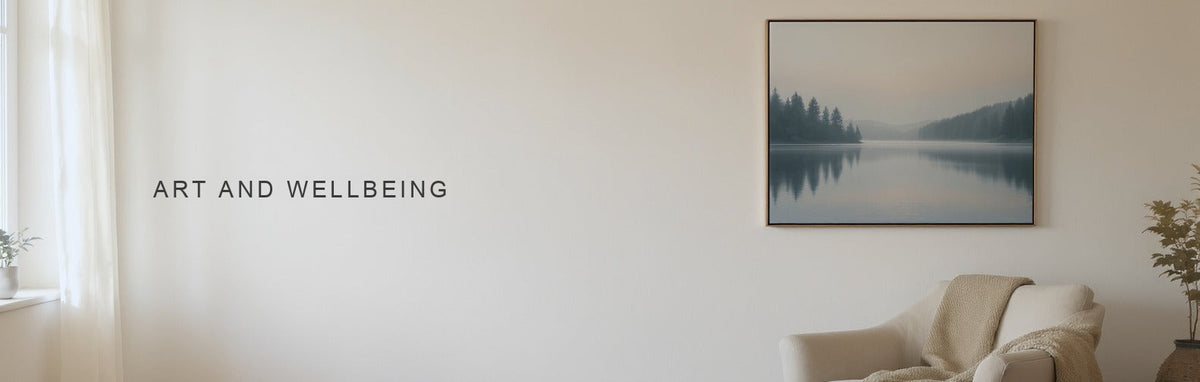 Art therapy at home: a still misty lake canvas above a soft armchair in a calm corner