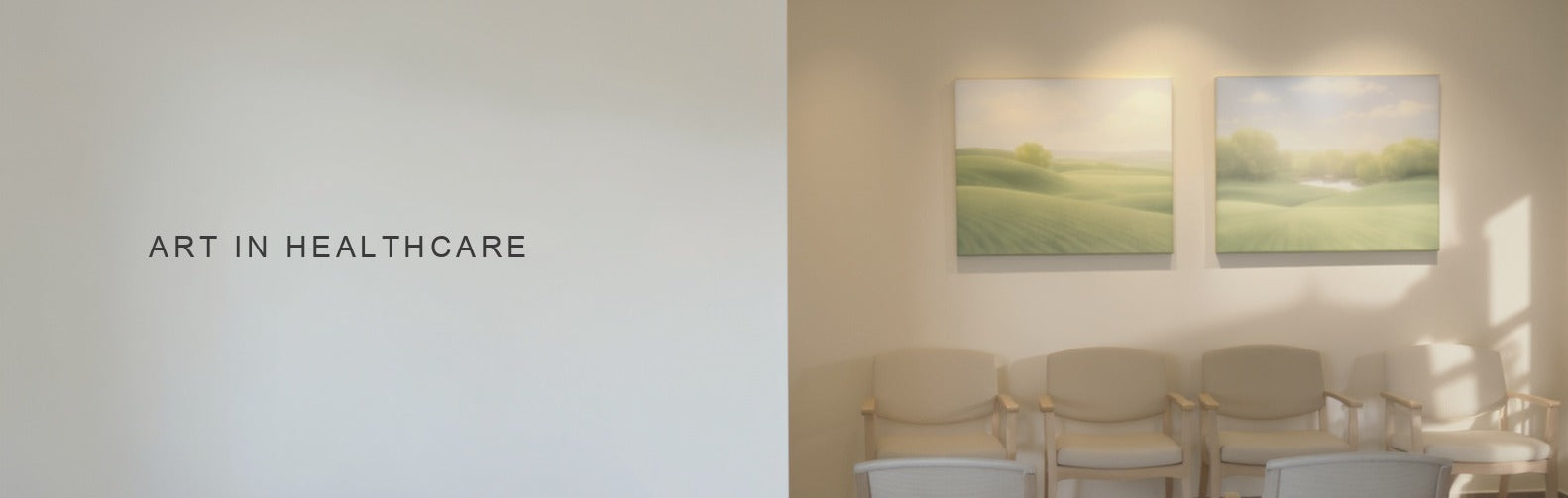 Art in healthcare spaces: gentle green landscape canvases above pale wood seating in a calm waiting area