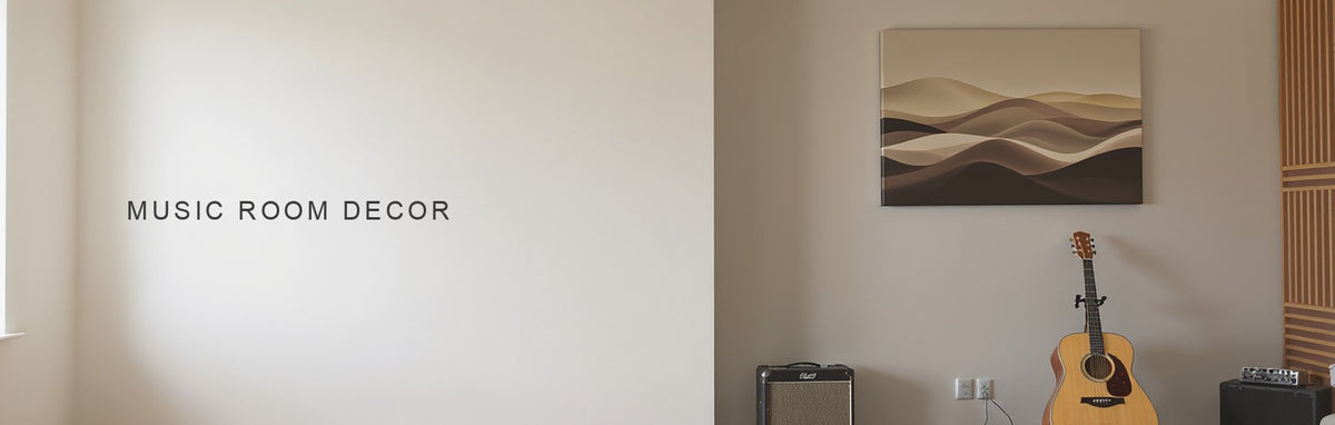 Music room decor ideas: an abstract canvas above slatted acoustic wood, a guitar and an amp