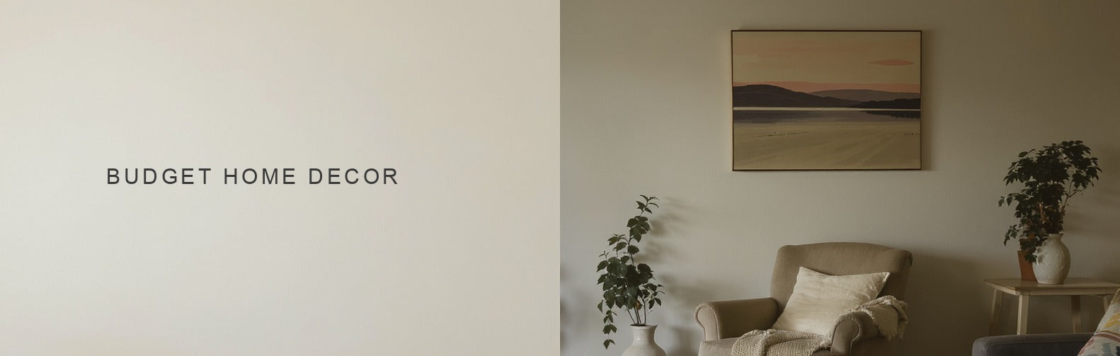 Budget friendly home decor: a canvas print above a simple bench with a thrifted vase and a plant