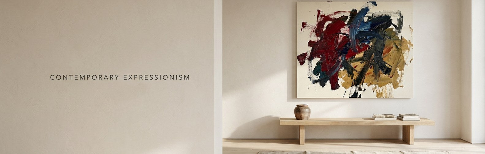 Contemporary expressionism shown as a bold gestural abstract canvas in a calm neutral room