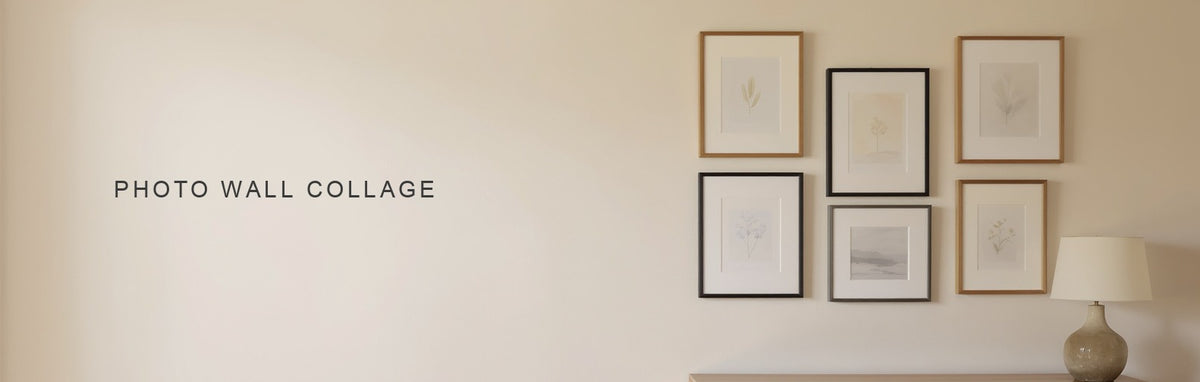 Photo wall collage: nine mixed size framed prints in an even grid above a low sideboard