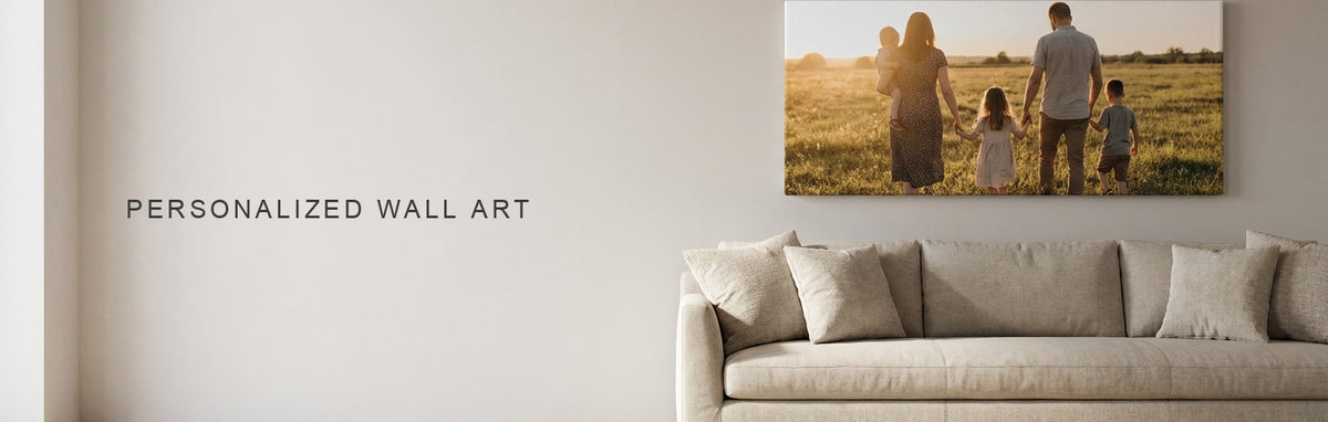 Personalized wall art above a sofa, a family photograph printed on canvas