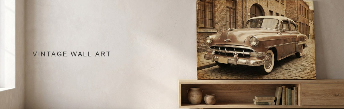 Vintage wall art above a console, a sepia classic car photograph on canvas