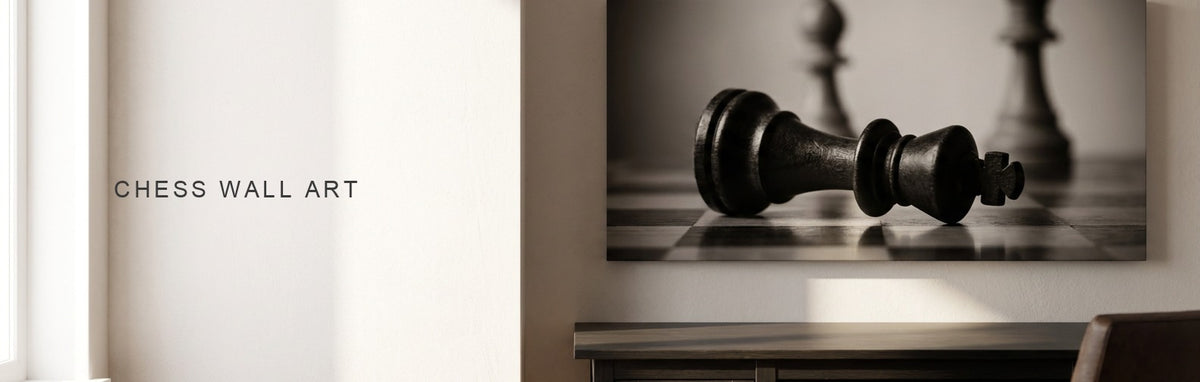 Chess wall art above a desk, a fallen king on a chessboard on canvas