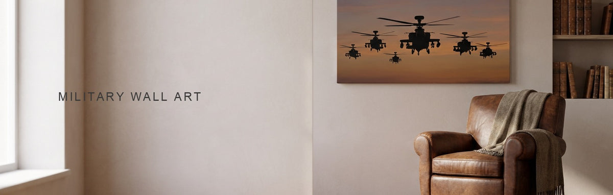 Military wall art above a desk, fighter jets in formation on canvas