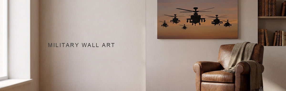 Military wall art above a desk, fighter jets in formation on canvas