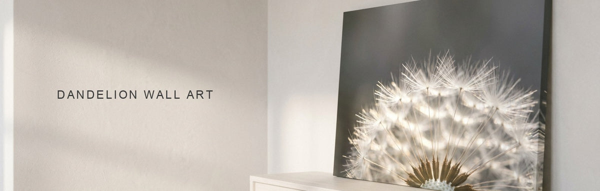 Dandelion wall art above a console, a backlit dandelion seed head on canvas