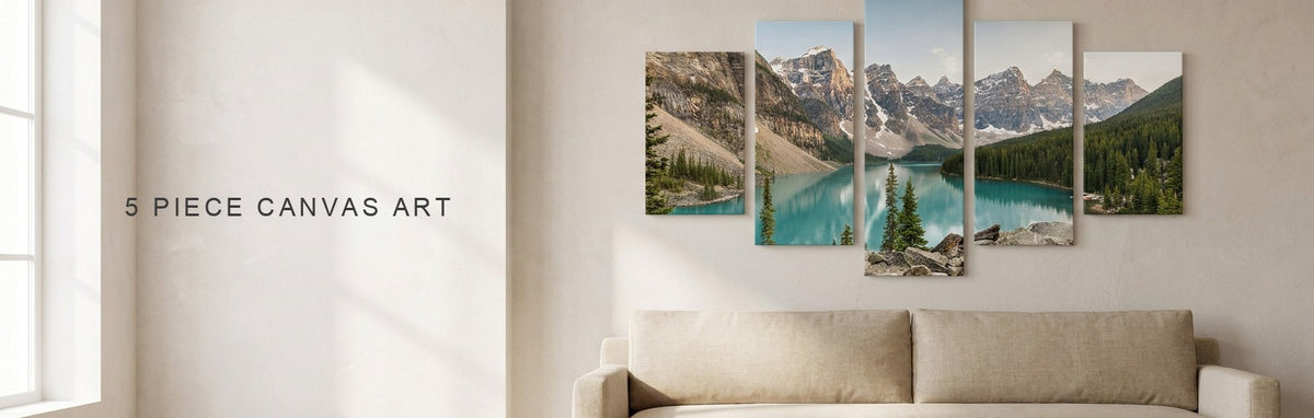 5 piece canvas art of a mountain landscape across five panels above a sofa