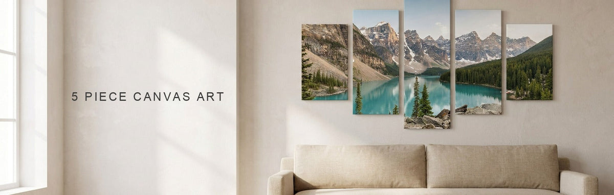 5 piece canvas art of a mountain landscape across five panels above a sofa