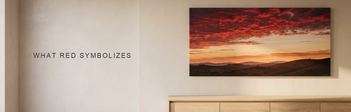 What does red symbolize, answered by a red sunset canvas above a sofa