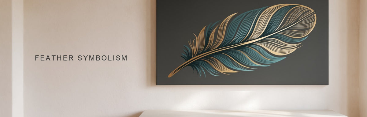 Feather symbolism in art, a single feather canvas above a console table