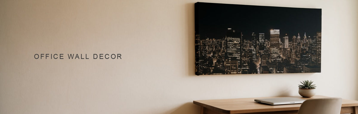 Office wall decor ideas, a night skyline canvas on the wall behind a desk