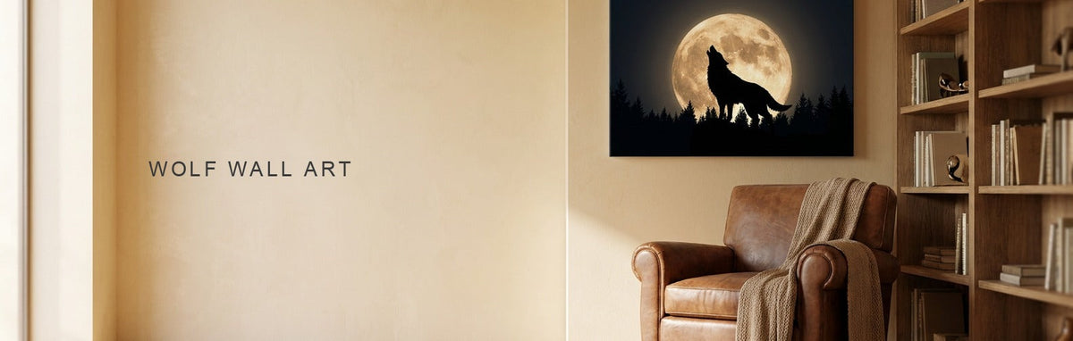 Wolf wall art of a howling wolf silhouette against a full moon above a desk