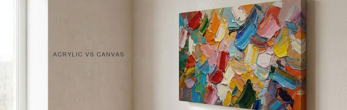 Acrylic vs canvas print, a matte canvas abstract above a console table