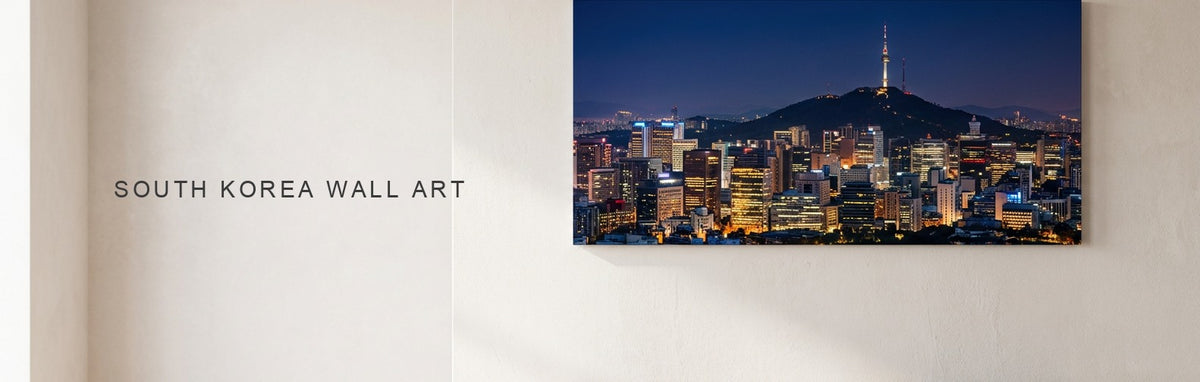 South Korea wall art, a Seoul skyline canvas above a low sideboard